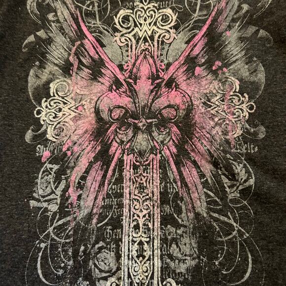 2000s Fifth Sun V-Neck Graphic Tee Size Medium Grey Pink Cross Fleur de Lis Y2K - Picture 5 of 5